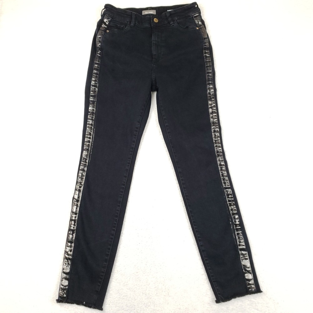 DL1961 Farrow Ankle High Rise Instasculpt Skinny Jeans Silver Stripe Black 28